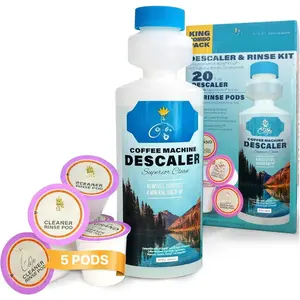 -  Coffee Machine scaler and Cleaner Kit - 5 Uses per Bottle + 5 Cleaning Rinse Cups - Compatible with  2.0 &  Single-Serve Coffee Makers