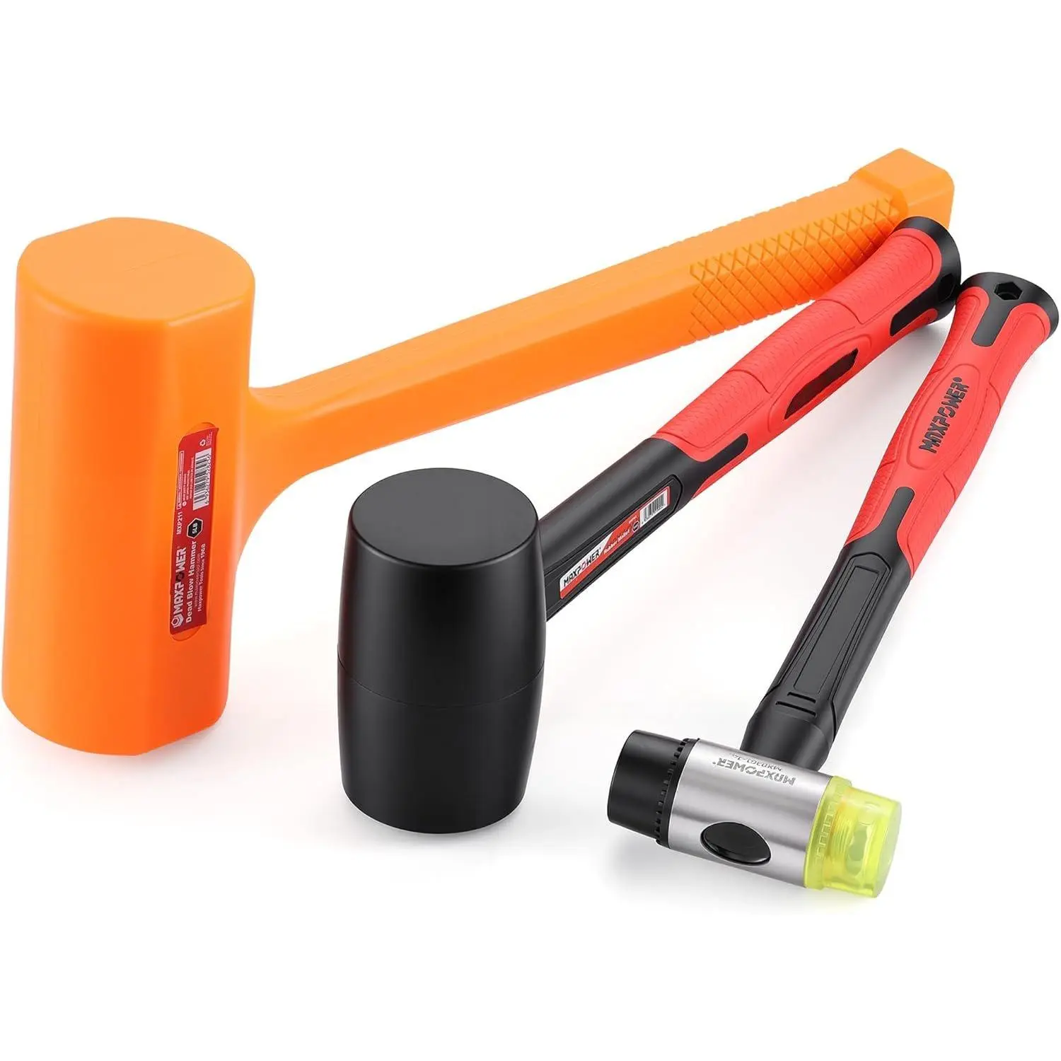 3-Piece Hammer Set - Hand Tools with 5lbs Blow Hammer, 16oz Rubber Mallet, 35mm Double-Faced Soft-Head Mallet - Non-Marring, Soft Heads for Controlled Strike, Light-Heavy Duty Use by Automotive Users, Surface-Safe
