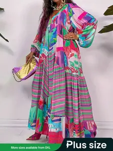 【Plus Size】All Over Print V Neck Long Sleeve Dress, Casual Fashion Dress for Daily Outdoor Wear, Women Plus Clothing for Summer, Womenswear