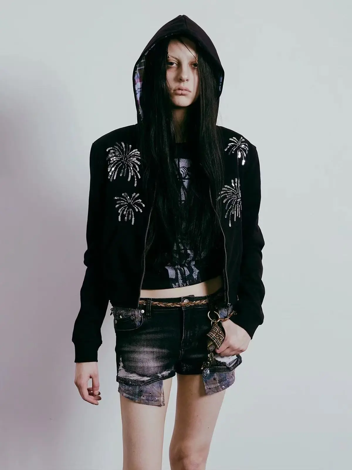 Hot Girl Firework Sequin Long-Sleeve Hoodie 2025 Autumn New Loose Versatile Youthful Top Unisex Distressed Washed Hoodie Casual Womenswear Coats