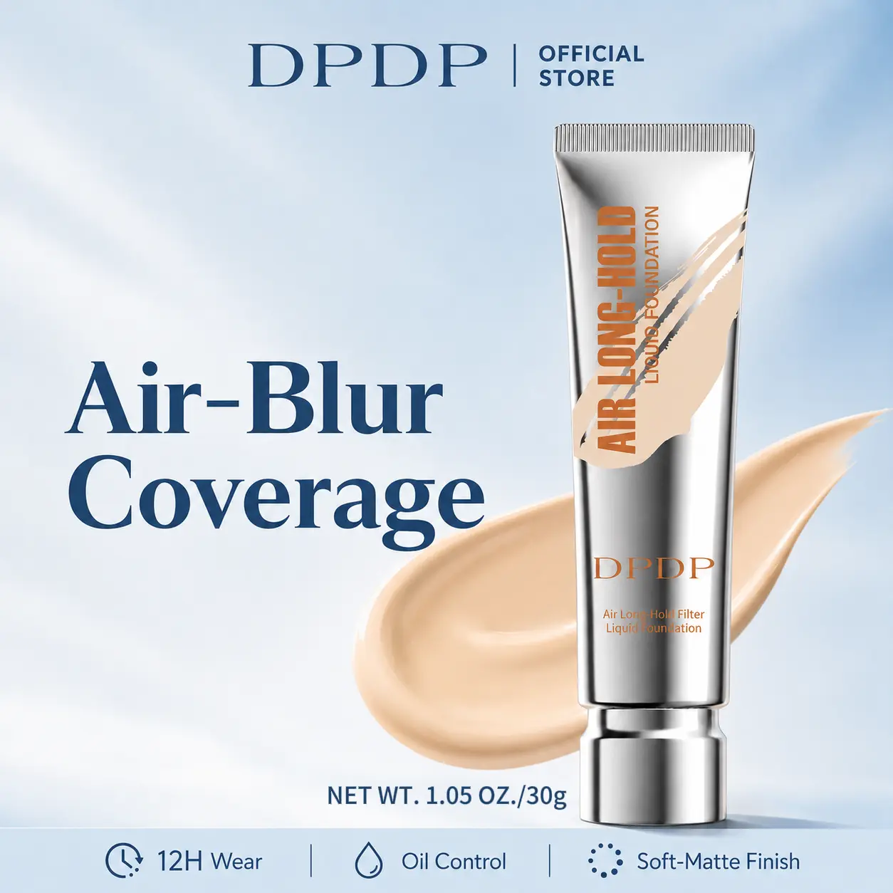 DPDP K-Beauty Inspired Air Foundation(1.05 OZ./30g) - Buildable Light to Full Coverage, Summer Makeup Essential, All Day Longwear, Oil Control, Anti-Cakey Hydrating, Natural Finish, Waterproof, Sweat-Resistant, Lightweight, Even Skin Tone, Transfer Proof