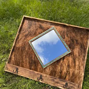 Diamond Mirror with Brindle Cowhide and Turquoise Accents Handcrafted Wall Decor for Rustic Home Decor