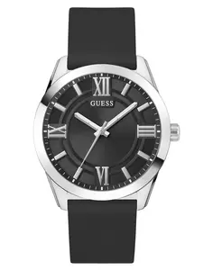 GUESS Male Silver-Tone and Black Silicone Analog Watch