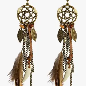 Brown Dream Catcher Feather Earrings Vintage Bohemian Ethnic with Tassels and Beads for Women