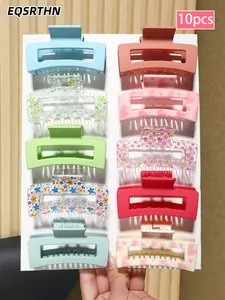 10pcs/5pcs colorful shark clip sets, including square shark clips with patterns such as solid colors, floral prints, and hearts. The colors cover fresh tones like light blue, pink, and green. The style is simple with some cute details, and they are highly