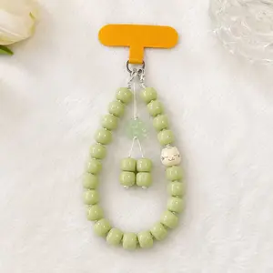Anti-Lost Green Jade Beaded Phone Lanyard, Cute Lucky Cat & Lotus Charm Phone Strap, Aesthetic Phone Accessory