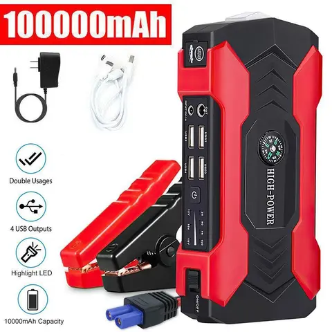Automotive 100000mAh Portable Car Power Bank Jump Starter - 600A Peak 12V Device with Clamps for Car, Truck Lead Acid Batteries