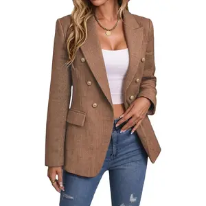 Mina Self 2026 Winter Lady's Fitted Long Sleeve Tweed Wool Blazer - Plaid, Warm, Fully Lined, Chic Outerwear, Business Casual Elegant Coat with Pockets, Brown, XL