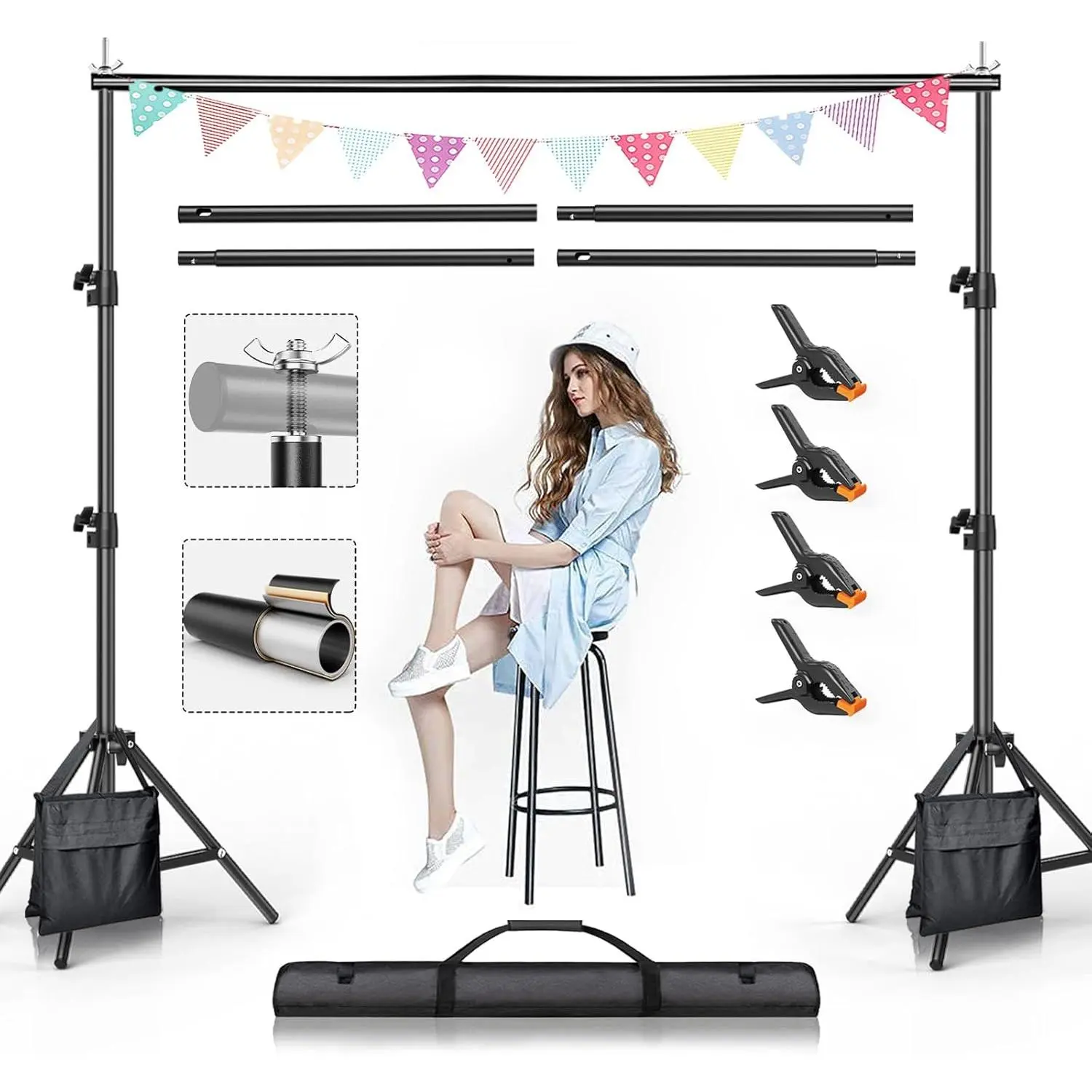 Backdrop Stand, 7.5 FT x 10 FT Adjustable Photography Background Support System Kit with Carrying Bag for Photo Video Studio