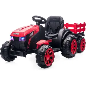 Ride On Tractor with Detachable Trailer, 12V Kids Electric Vehicles with Remote Control, Ride On Toys with Music and LED Lights for Toddler Boys Girls, Red