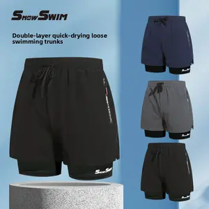 Men's double-layer swimming trunks boxer adult quick-drying anti-embarrassment swimming trunks beach pants hot spring swimming equipment set