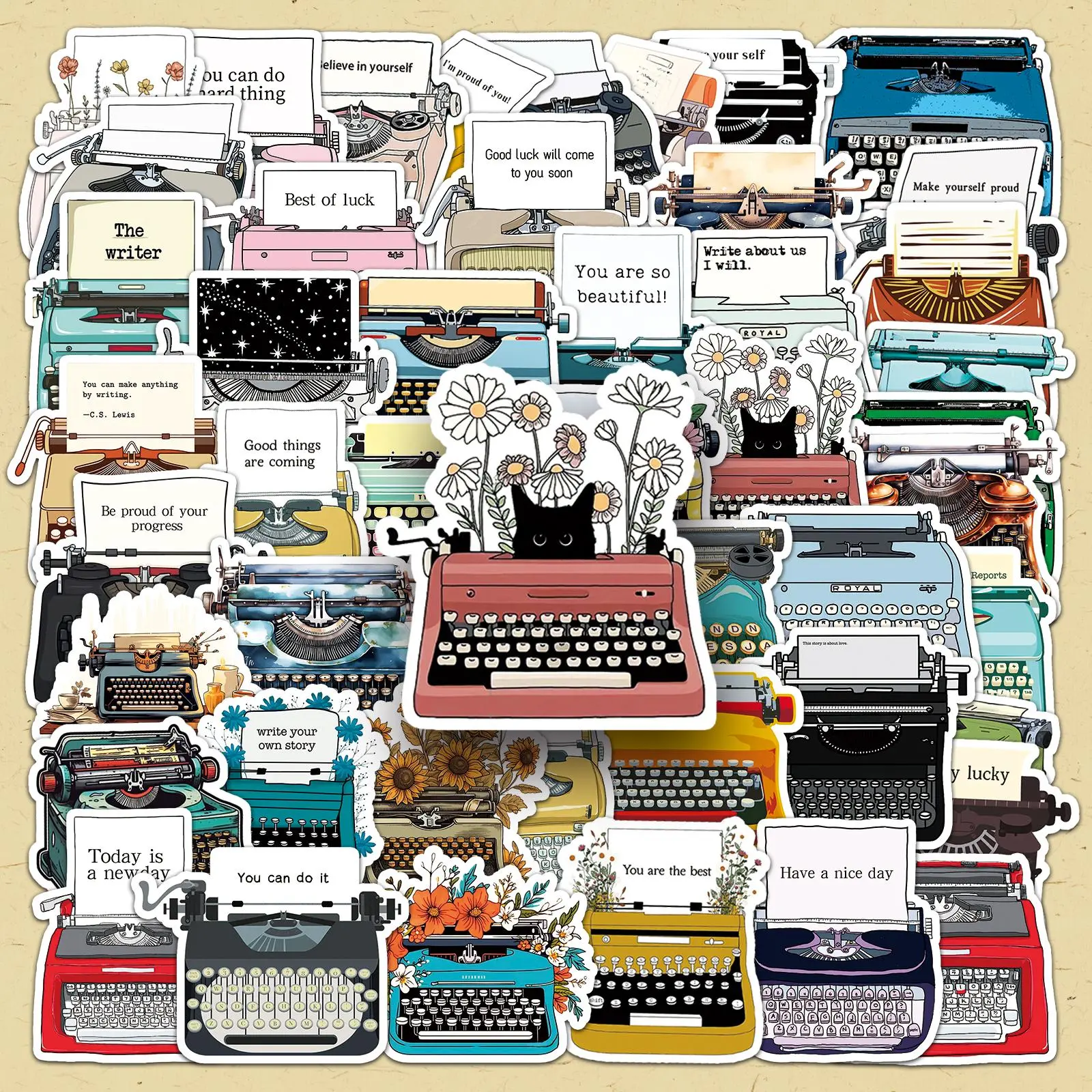 Vintage Typewriter Pattern Sticker, 100pcs/set Creative DIY Decorative Sticker, DIY Decals for Water Bottle, Laptop, Phone Case, Scrapbooking, Journal Making