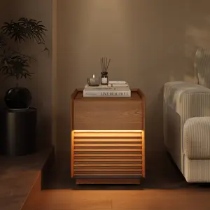 16" Mid-Century Modern Square Side Table with Light, End Table with 2-Drawer, For Living Room and Bedroom, Walnut