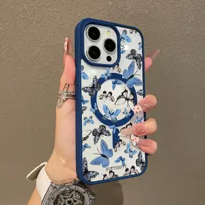 blue butterfly Pattern Magnetic Phone Case Supports Wireless Charging for iPhone 17 15 16 14 Pro Max 13 12 11 AIR XR XS Plus E Shockproof Non Slip Protection Silicone Transparent Acrylic Cover Cellphone Protective