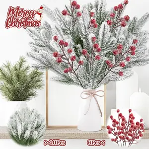 (Snow effect) 40 Pcs Artificial Pine Needles 6 Pcs red berry Branches Garland Green Plants Pine Needles Snow Covered Style Christmas Picks Fake Christmas Greenery for Xmas DIY Garland Wreath Home Garden Decor