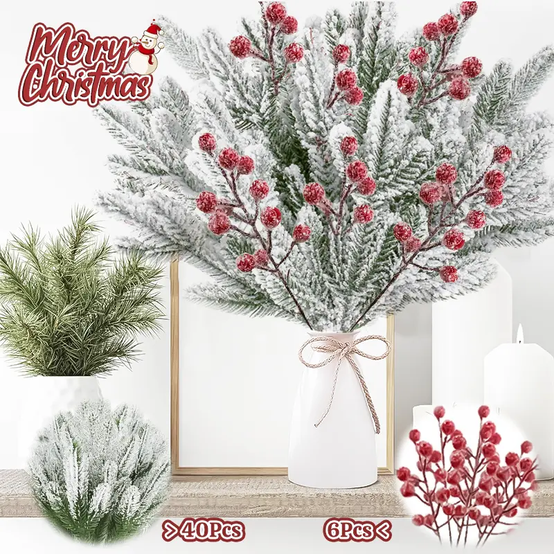 (Snow effect) 40 Pcs Artificial Pine Needles 6 Pcs red berry Branches Garland Green Plants Pine Needles Snow Covered Style Christmas Picks Fake Christmas Greenery for Xmas DIY Garland Wreath Home Garden Decor
