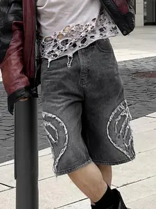 Summer Subculture Punk-Style Raw Edge Letter Embroidered Vintage Denim Bermuda Pants, High-Street Trendy Cool Five-Point Shorts