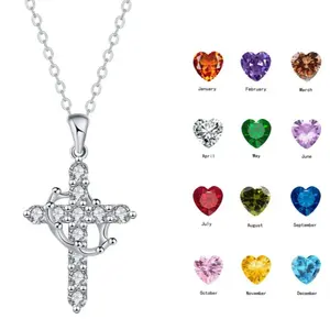 [LeBijouLab] Birthstone Crown Cross Necklace for Women | 12 Birthstones Necklaces | Meaningful Gift for Her | My Daily Faith & Birthstone Necklace | Sparkly Zircon Cross Jewelry | Mother's Day Gifts
