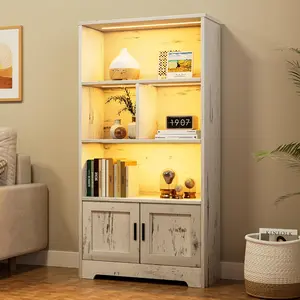 White Bookshelf with LED Lights Farmhouse Bookcase with Doors Modern Storage Rack 3 Shelf Standing Bookshelves Wooden Display Shelf Unique Book Shelf for Bedroom, Living Room, Home Office