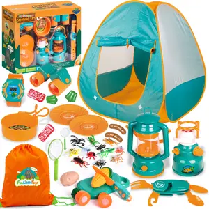 Kids Pop Up Tent with 17/25PCS Camping Toys, Toddler Play Tent with Battery Lantern, Indoor Outdoor Toy Set, Gift for Kids.