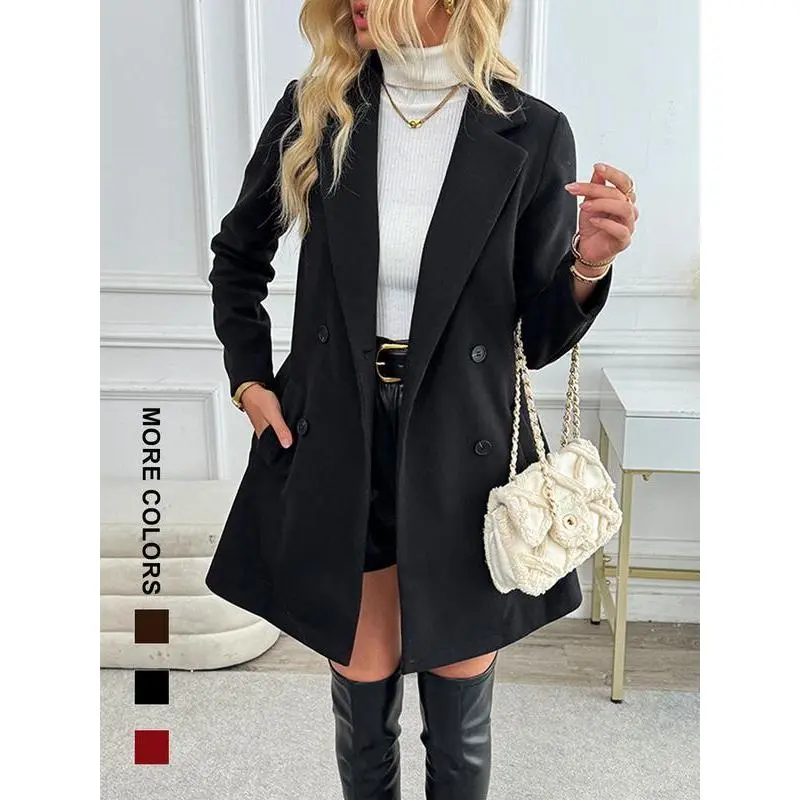 Women's Chic Double-Breasted Pea Coat, Fitted Solid Winter Outerwear with a Lapel Collar and Pockets, Button, Overall