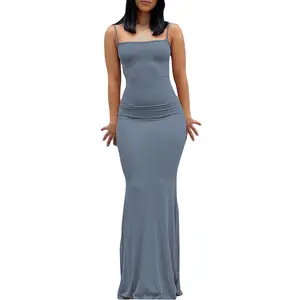 Women Sleeveless Fish Tail Dress, Solid Color Spaghetti Strap Bodycon Long Skirt