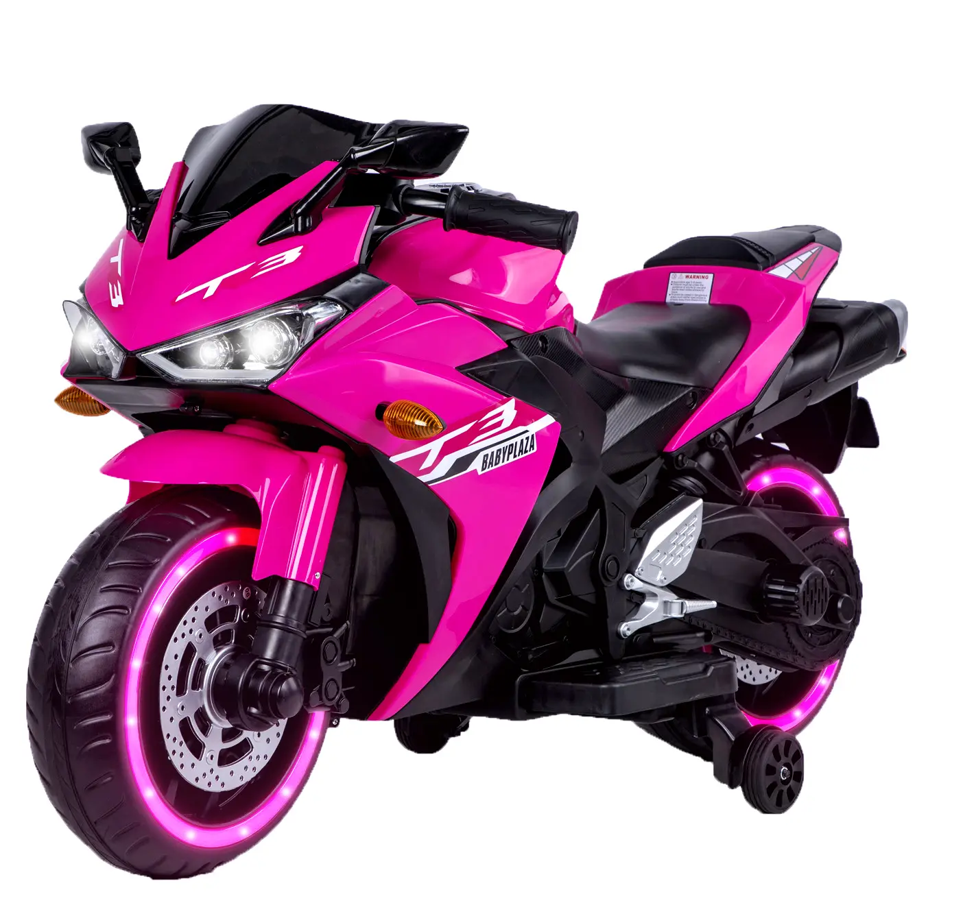 12V7A Kids Motorcycle Ride On Toy Car, Pink with Training Wheels/Manual Throttle, Lightning Wheels, Motorcycle for Kids 3-8 Years