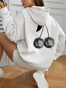 Women's Cherry Disco Ball Print Drop Shoulder Pajama Hoodie, Fashion Casual Drawstring Pocket Thickened Hooded Sweatshirt for Daily Holiday Outdoor Wear, Ladies Sleepwear for Spring & Fall