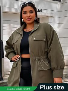 【plus size】 solid zip up pocket drawstring trench coat, casual long sleeve collared outerwear for spring & fall, women's clothes for daily wear, womenswear, casual chic outerwear, lady