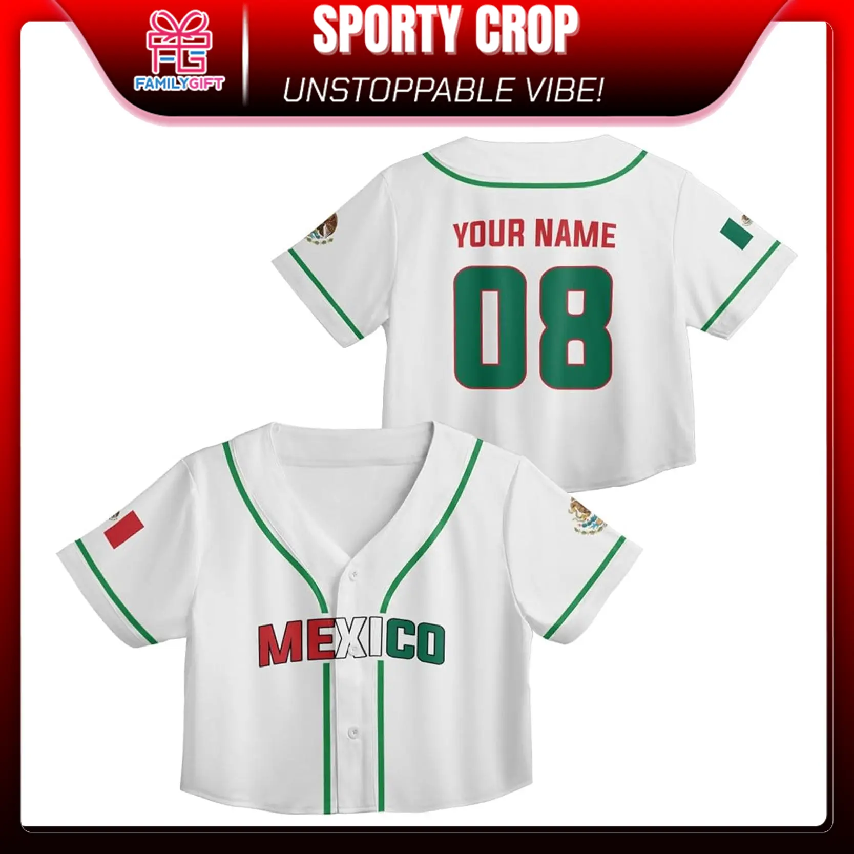 Mexico Baseball Jersey Crop Top – Personalized Name & Number & Logo, White All Over Print Custom Jersey for Women