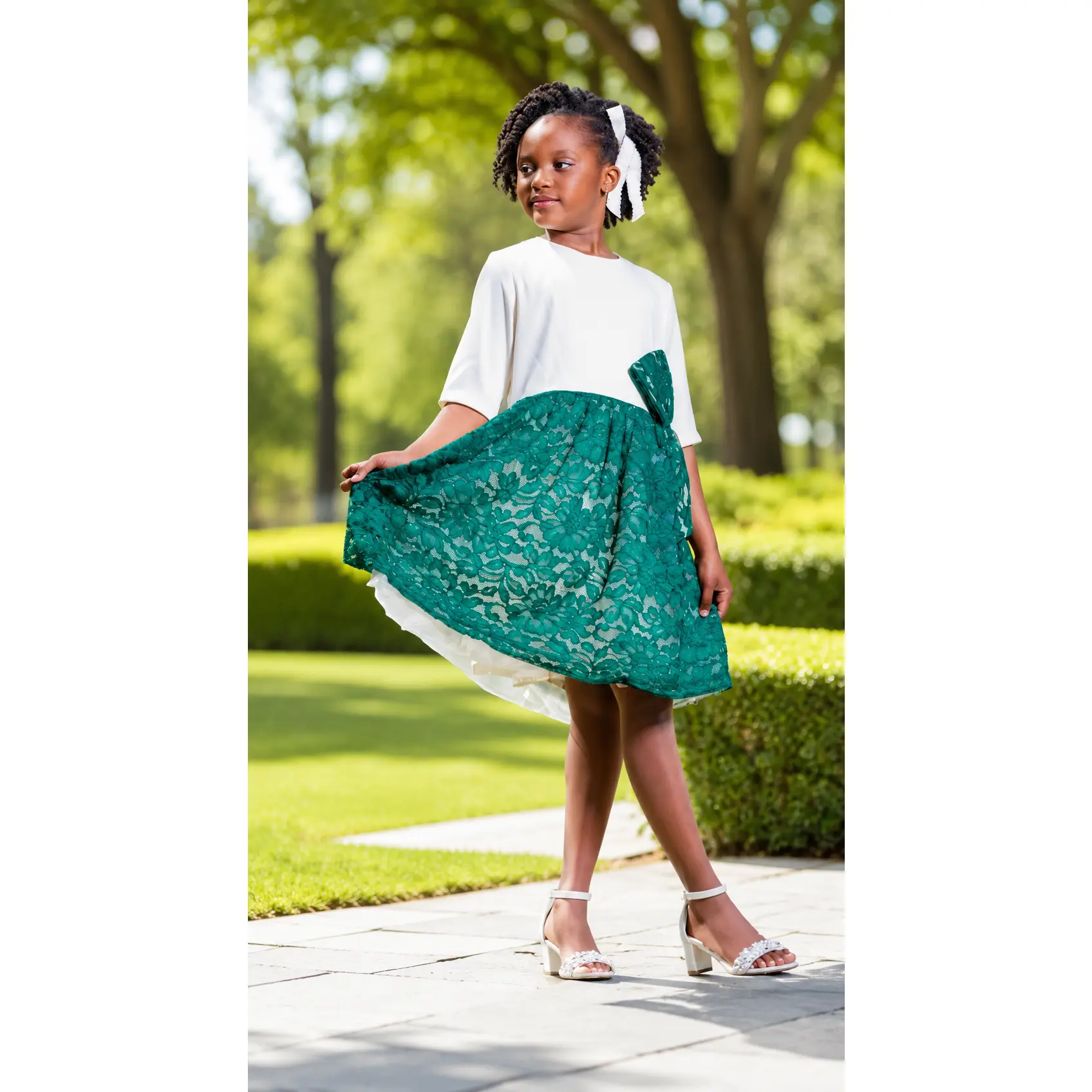White & Teal Blouson Party Dress
