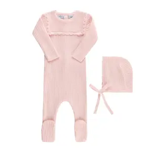Scalloped Trim Ribbed Knit Romper & Bonnet