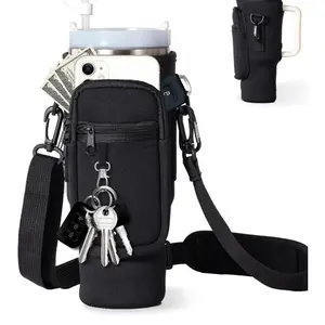 Nylon Water Bottle Carrying Bag with Mobile Phone Pocket Adjustable Shoulder Strap Key Ring for  40oz Bottles Hiking Camping Organi