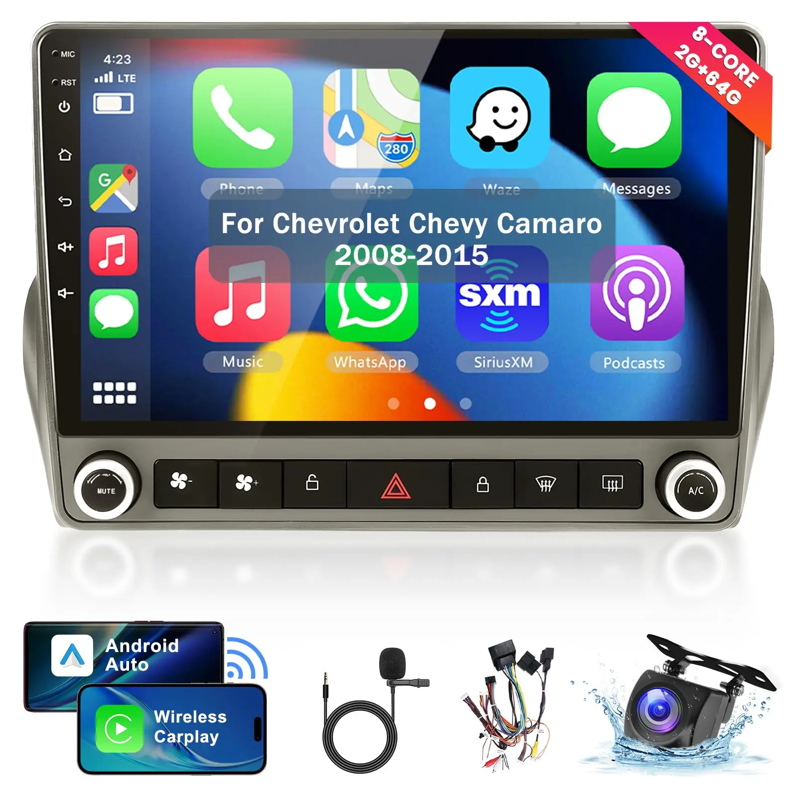 9" Android Car Stereo with 2+64G for Chevrolet Chevy Camaro 2008-2015, Wireless Android CarPlay, GPS Navigation, WiFi, EQ DSP, Bluetooth, SWC, Backup Camera Upgrade, Touchscreen Music Player, Car Accessories, Father's Day Gift