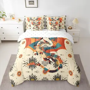 Feelyou 7-Piece Western Dragon Microfiber Bedding Set - Boys' Cool Fantasy Comforter Set with Colorful Embroidered Patchwork, Floral Print Blanket, Sheets, Soft Bed-in-a-Bag Furnishings