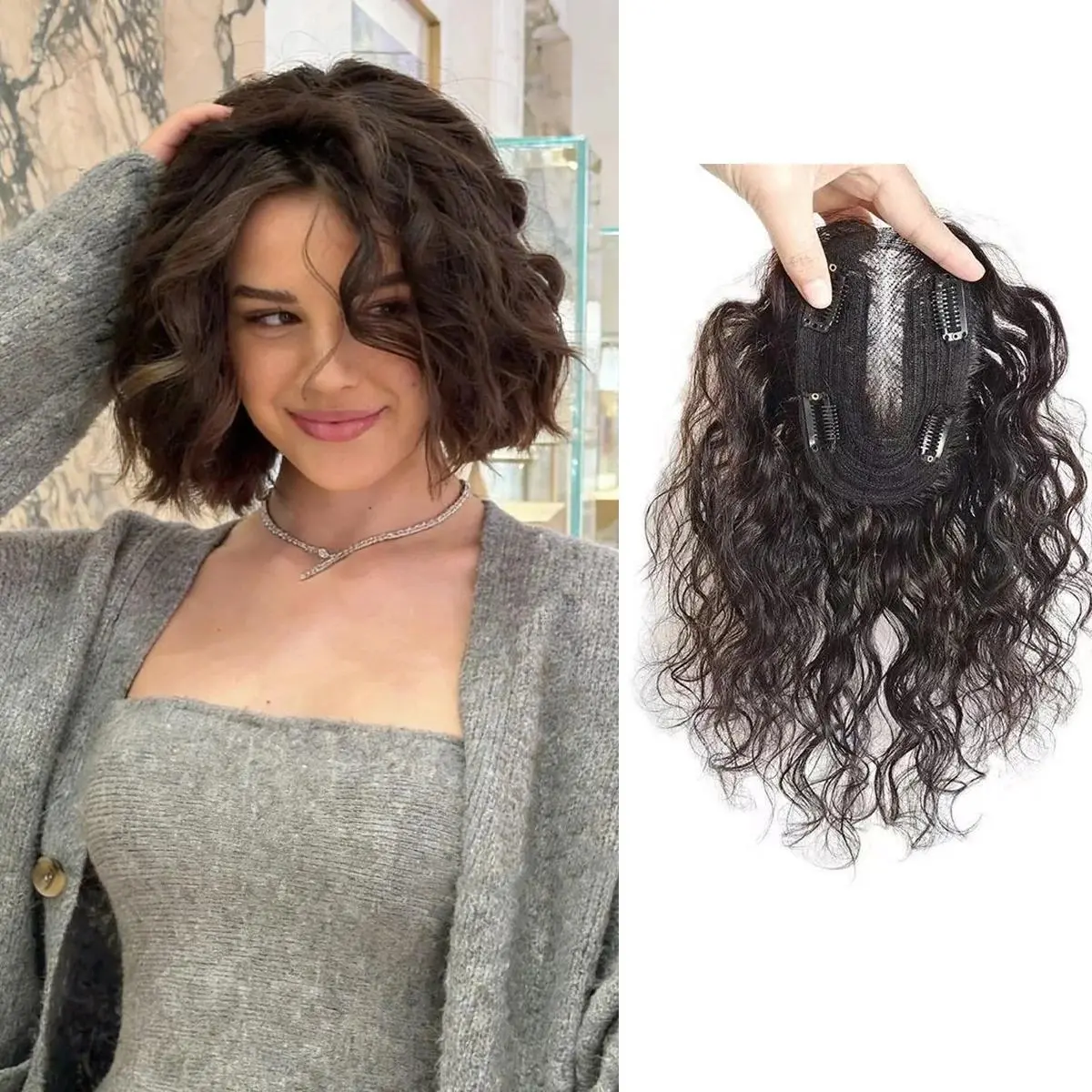 100% Real Human Hair Topper Upgraded 9×14cm Water Wave with Seamless Clips Hand Tied Base Lightweight and Easy to Wear for Women