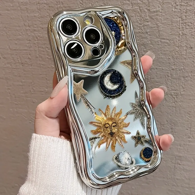 Fashionable sun moon star retro aesthetic pattern mobile phone case for iPhone 16 15 14 13 12 and 11 Pro Max Plus full wrap anti-drop lens protection anti-fingerprint, give family, friends gift