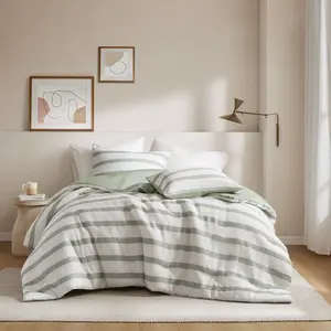 360 stand AM10-0612 Yarn-Dyed Woven Striped Comforter - Sage Green, Full/Queen Size, Woven Polyester Fabric, for Full Size Beds & Minimalist Bedrooms