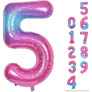 Rainbow Gradient No.5 Girl's Balloon, 40inch Large Blue, Pink, Purple Foil Balloons (Numbers 0-9), 5-Balloon Set, Women's Birthday Anniversary Party Decoration, Celebration Supplies