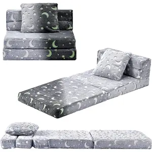 VEVOR 3 - in - 1 Kids Sofa, Foldable Toddler Soft Couch, Glow in The Dark Kids Couch Fold Out with 28D Sponge Flannel Fabric, Convertible Toddler Chair to Lounger for Reading, Playing, Gaming, M, Gray