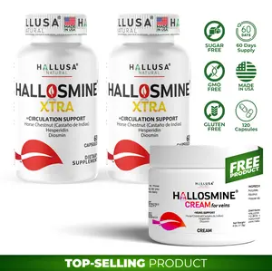 HALLOSMINE XTRA + FREE Hallosmine Cream – Circulation & Vein Support – Diosmin, Horse Chestnut & Hesperidin – 120 Capsules – Dietary Supplement Hallusa Natural