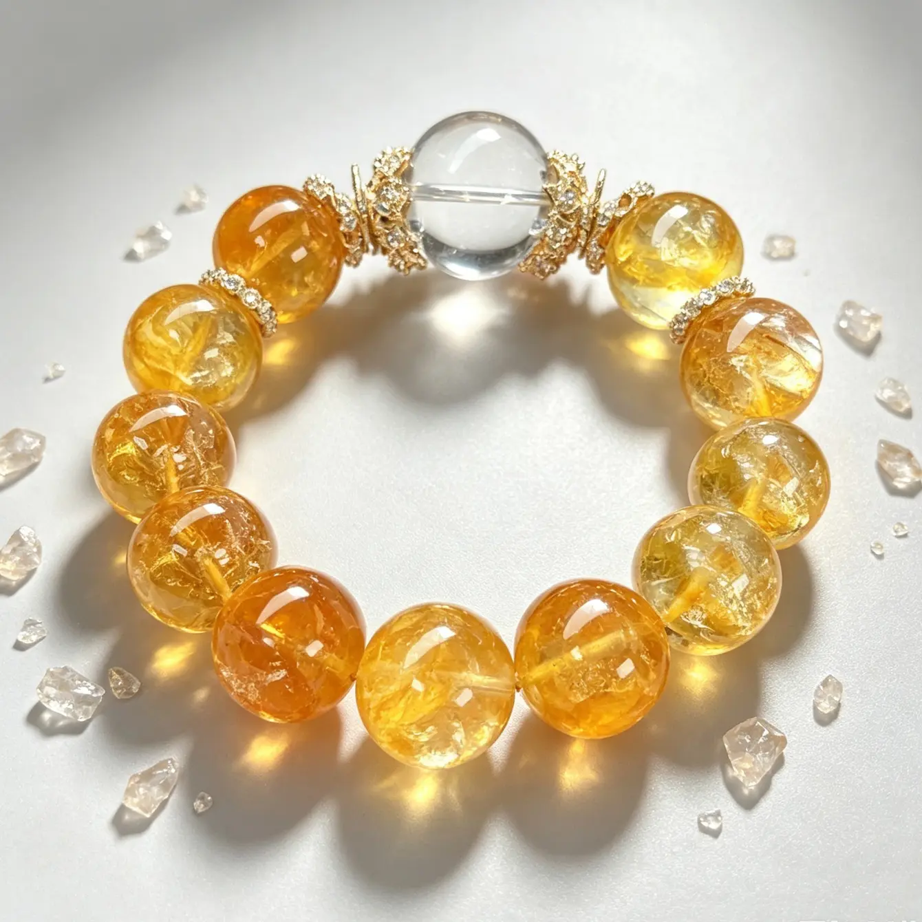 Gold Bracelet 55usd - Elegant Yellow Beads with Clear Center Stone and Gold Accents