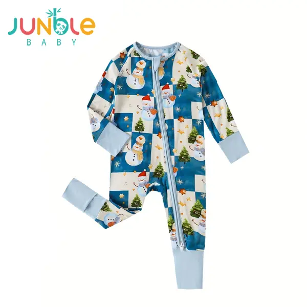 Junblebaby Unisex Baby Bamboo Fiber Christmas Romper - Long Sleeve, 2-Way Zipper, Snowman Tree Holiday Print, Ultra Soft Breathable Bodysuit for Easy Diaper Changes, Rompers