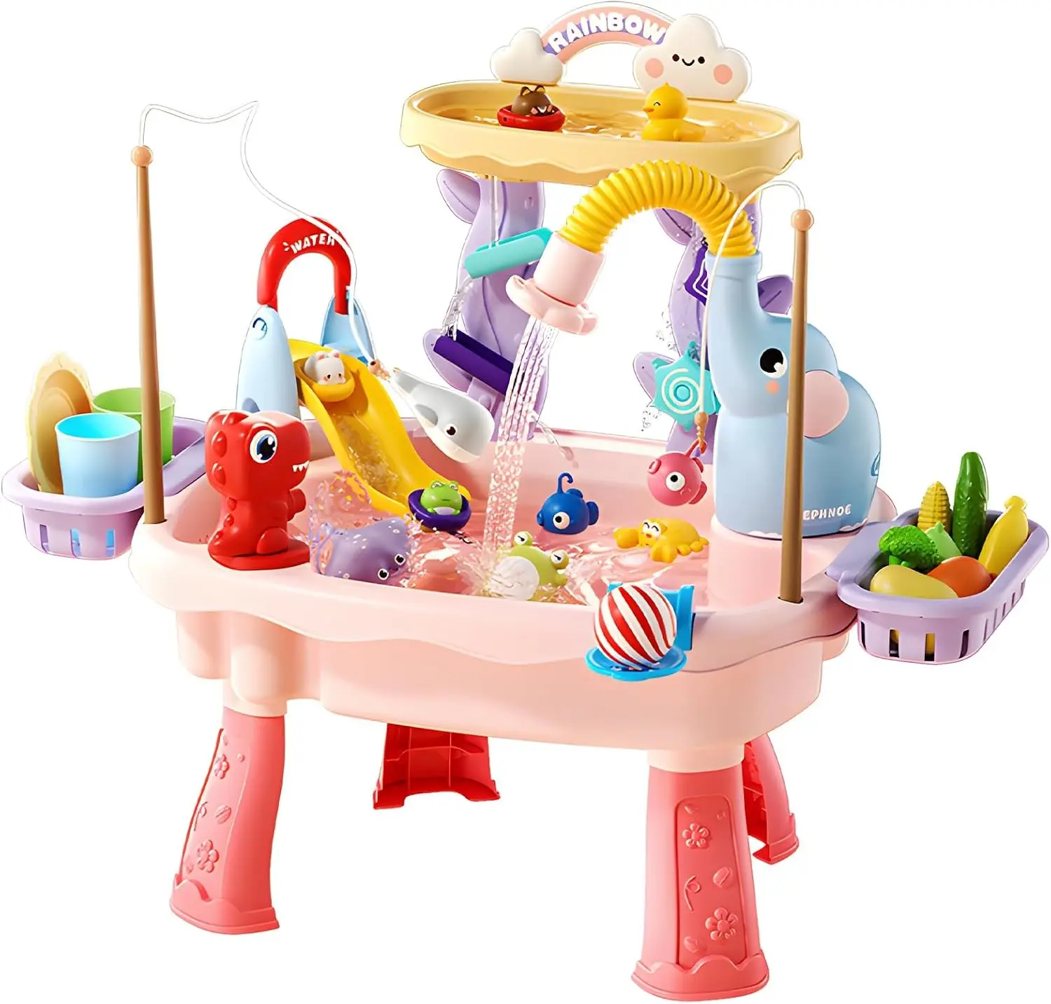 Upgraded 4-in-1 Multi-Function Set Water Table for Toddlers 2-3 - Kids Sensory Play Table with Electric Pump, Faucet, Kitchen Sink Toy, Food Accessories, Fishing Game, Pink
