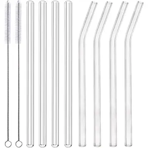 Glass Smoothie Straws, 10" x 10 mm Long  Clear Drinking Straws, Pack of 8 with 2 Cleaning Brush,