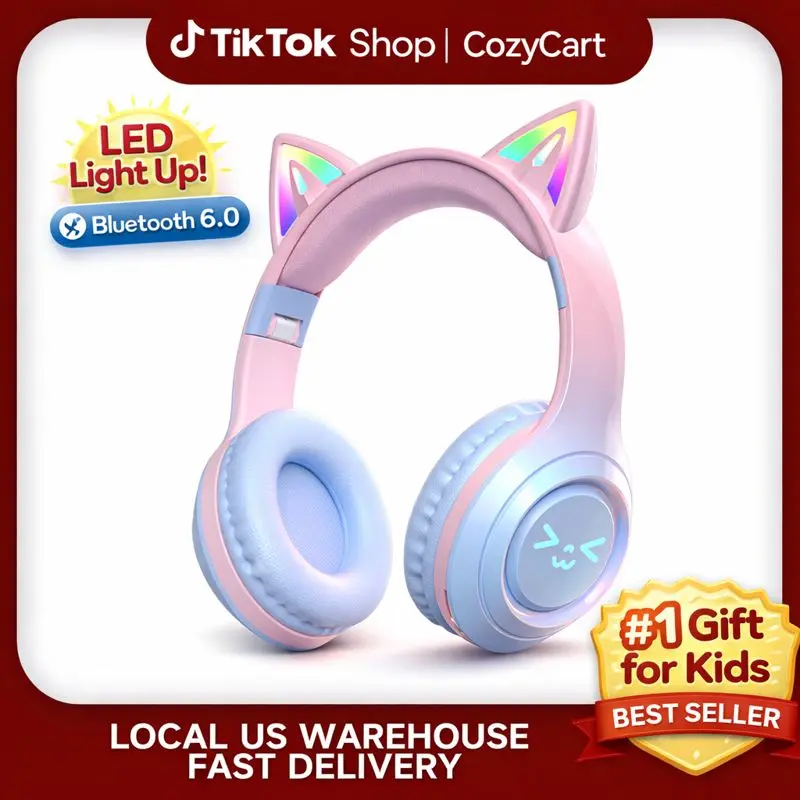 Cat Ear Bluetooth Headphones, Portable Audio Headset with Built-in Microphone, Folding, Wireless Charging, Compatible with Mobile Phones, Streaming Devices & Laptops