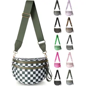 Checkered Nylon Crossbody Bag for Women, Spacious Checkered Bum Bag Purse  Bag Sling Bag with  Strap