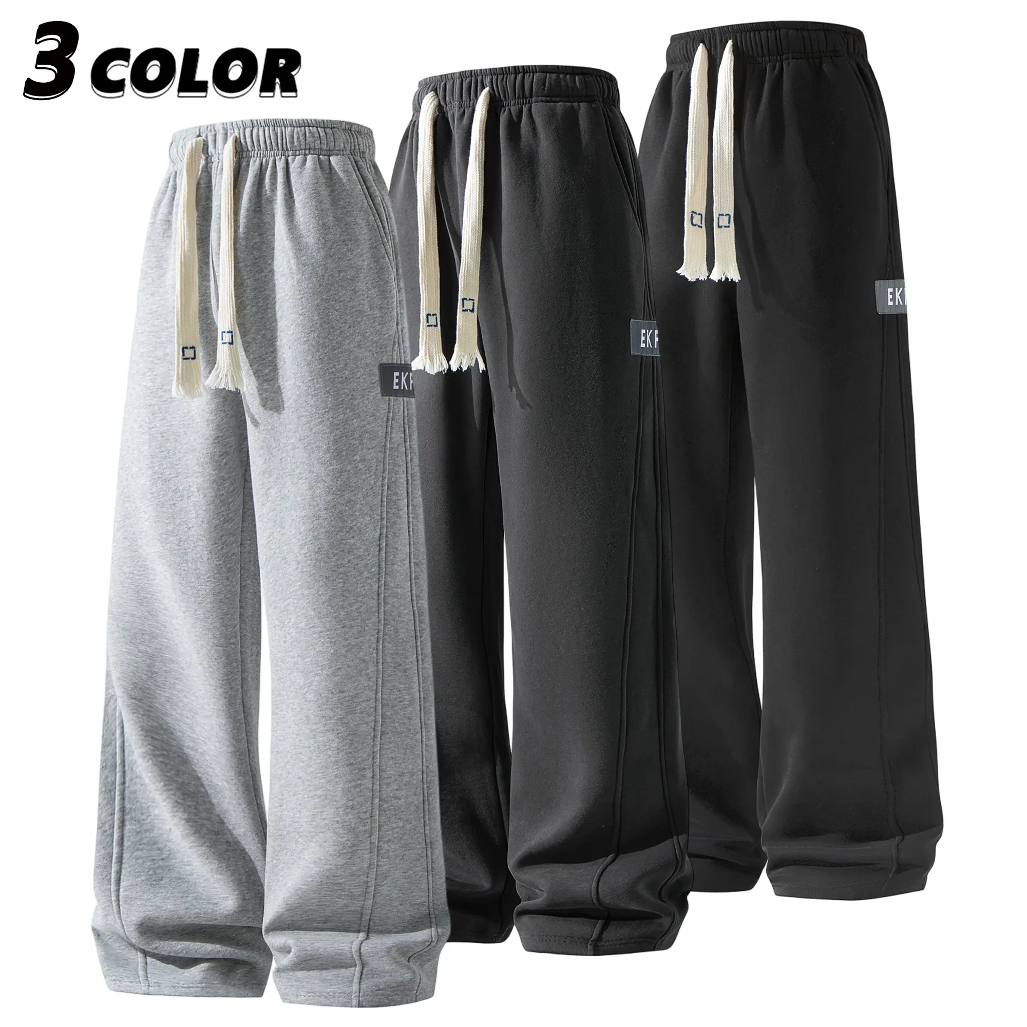 EKF Men’s Cotton Drawstring Wide-Leg Sweatpants | Coarse-knit drawstring + side seam split design for superior texture; straight-leg long pants suitable for relaxed streetwear looks