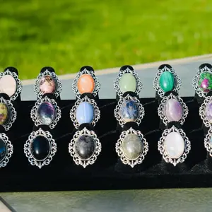 Vintage Silver Gemstone Adjustable Ring - Alloy Metal with 13x18mm Oval Cabochon - Lead & Cadmium Free-Natural Undyed Gemstone