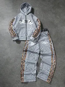 Men's and women's street hip-hop casual wear, leopard print "USA" pattern sportswear set, Streetwear Tracksuit Set, suitable for spring and autumn campus life, outdoor activities, street photography